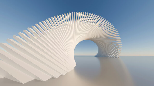 Abstract 3D futuristic white arch with twisting geometric pattern reflecting on glossy floor under clear blue sky