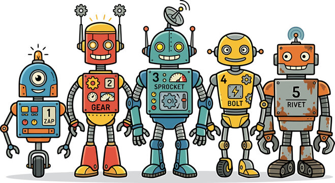 Group of colorful vintage style robot characters with sci