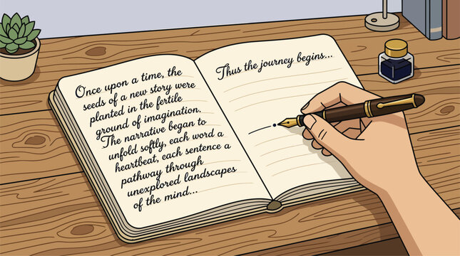 Creative Writing Process Illustration: Hand with Fountain Pen Writing in Open Notebook on Desk with Plant & Inkwell - Storytelling & Content Creati...