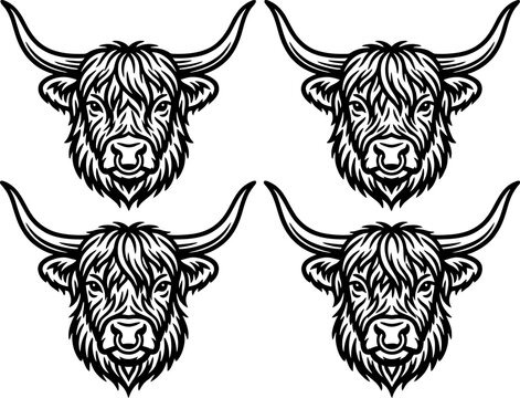 Highland cow head line art collection with highland