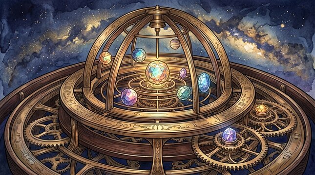 Ornate astronomical clock with glowing planets and stars in space