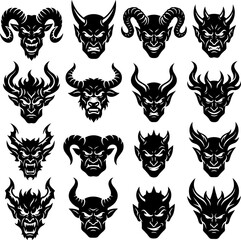 Naklejka premium Set of sixteen detailed devil and demon face icons