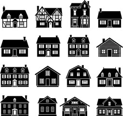 Naklejka premium Set of various residential house silhouettes with building