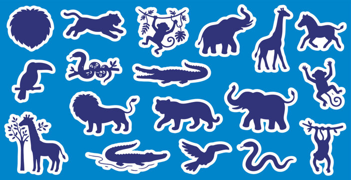 Collection of various animal silhouettes in dark blue on a bright blue background.