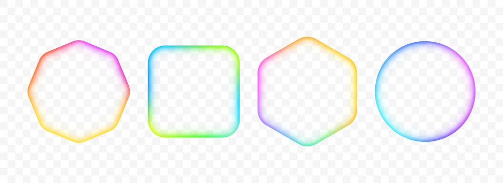 Bright iridescent gradient frame set. Blurred multicolor glowing border collection. Vibrant rainbow color square, circle, hexagon banner element pack. Colorful vivid box template bundle. Vector