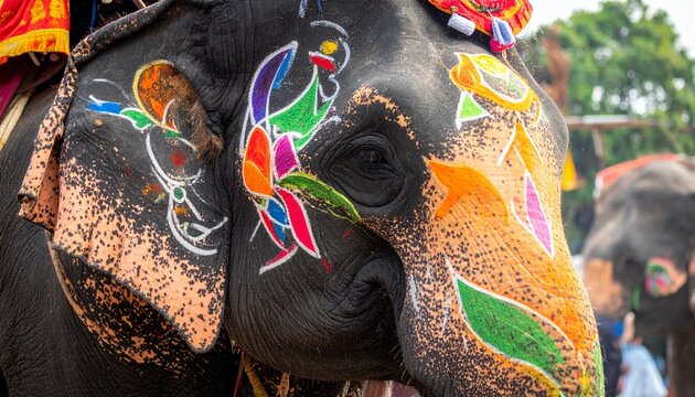 Close-up of an elephants face adorned with vibrant traditional paintings during a festival.