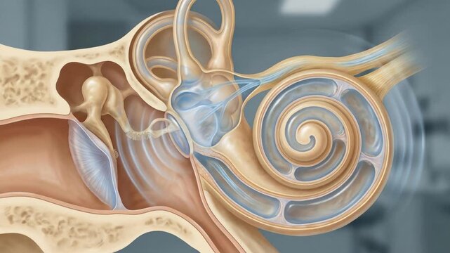 Inner ear anatomy showcasing hearing mechanism, detailed cochlea and auditory structures, medical visualization, healthcare education and otology concept, 4K video