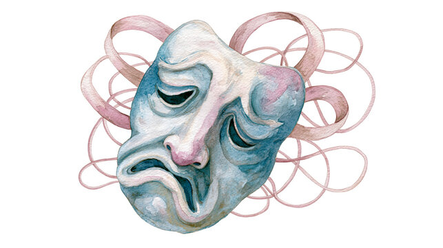 Watercolor illustration of a shy theatrical mask with tangled lines, symbolizing social anxiety and hidden emotion, isolated on white background