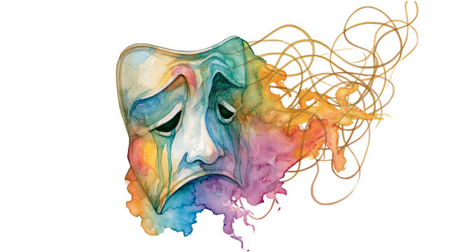 Watercolor illustration of a shy theatrical mask with tangled lines symbolizing hidden emotion and social anxiety isolated on white background