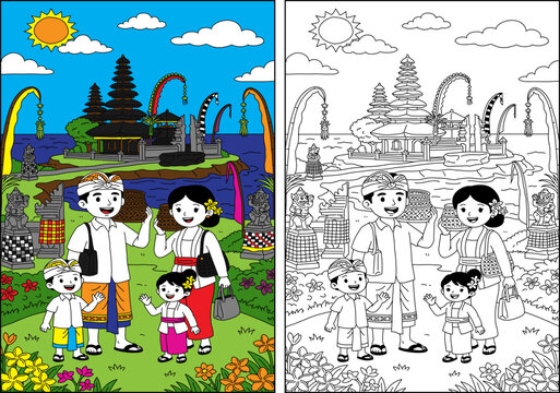 Balinese Hindu family walking to Tanah Lot temple for prayer ritual, vector illustration set featuring full color and black and white coloring page versions, isolated on white background.