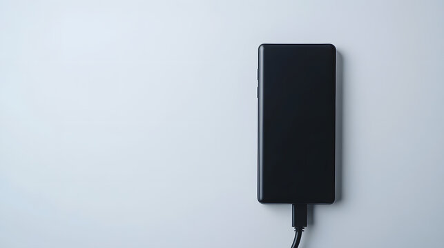 Black smartphone charging with usb cable on minimalist light gray background for modern tech concepts and communication connectivity solutions professional
