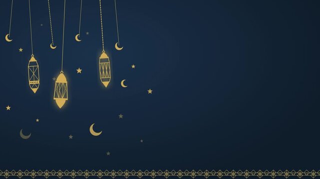 Elegant dark blue Islamic background with hanging glowing golden Arabic lanterns moons and stars, seamless loop for Ramadan, Eid, New Year greetings, presentations, seamless loop