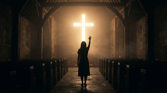 Silhouette of woman hand raised during christian worship service directed at glowing cross. Religious community prayer during easter and palm sunday. Spirituality and faith in church