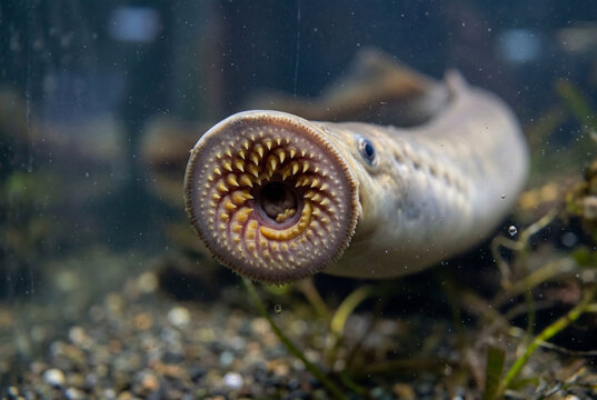 Large circular jawless mouth of a swimming lamprey filled with numerous sharp yellow teeth