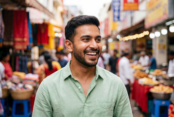Obraz premium Smiling south asian man standing in a busy outdoor market street