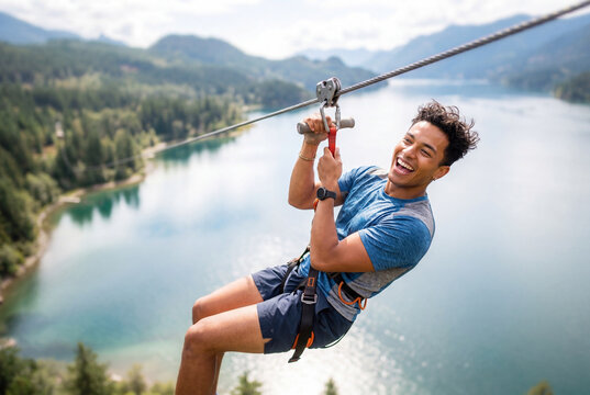 Young man zip lining over a blue lake and mountain landscape