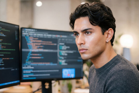Focused man working on computer programming and software code