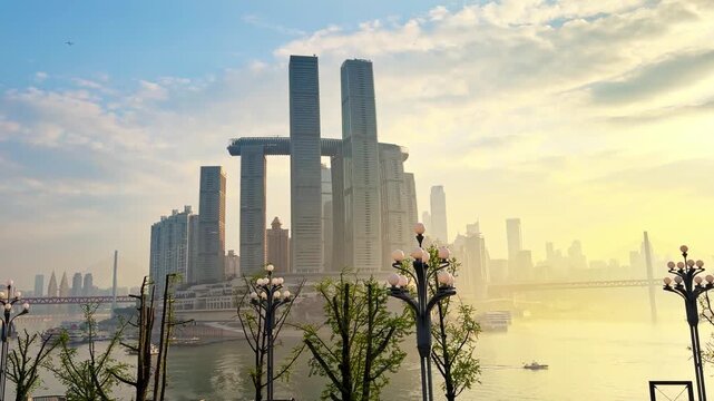 Famous Architectural Style Of The Raffles City Chongqing Complex In Chaotianmen, Chongqing, China. Panning Shot