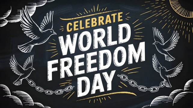 World freedom day chalkboard poster design with flying doves and broken chains hand drawn illustration of birds and text for liberty, peace, and human rights celebration