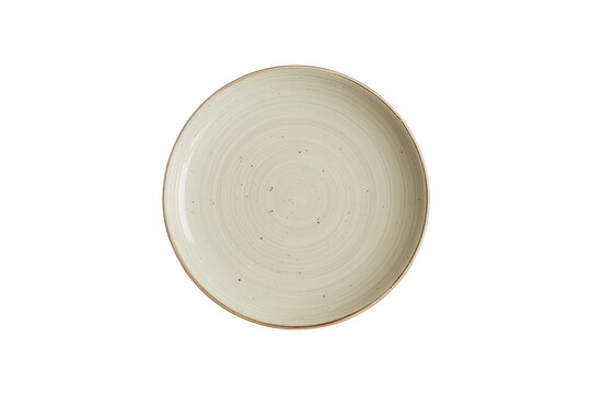 A simple round ceramic plate with a light cream and beige speckled finish viewed from directly above on a solid black background
