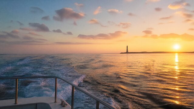 View from a boat's stern towards a distant lighthouse at golden hour.