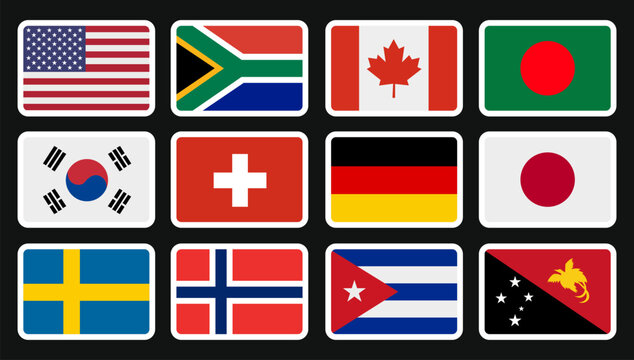 Collection of national flags from around the world presented as colorful vector graphics on a dark background