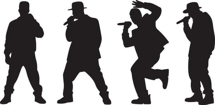 Set of four silhouettes of rappers performing with microphones