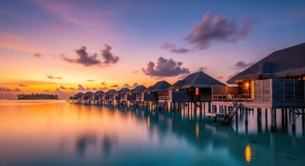 Obraz premium Overwater villas at a tropical island resort during vibrant sunset