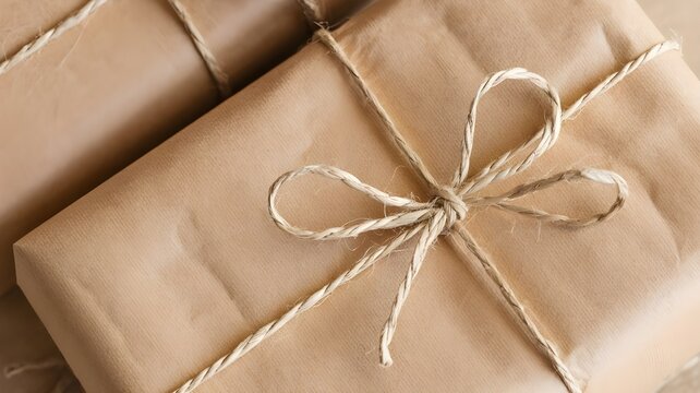 Two gift boxes wrapped in brown craft paper and tied with twine string, rustic style present packaging, close up view of a handmade parcel with a bow