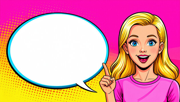 Pop art illustration of a smiling blonde girl pointing at a blank speech bubble 3