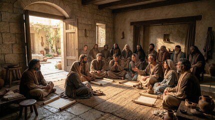 Fototapeta premium Apostles and holy woman gather for prayer in Jerusalem. Early disciples learn gospel teaching, biblical narrative of Acts. Group discussion in ancient home. Historical religious history