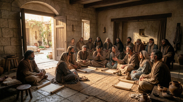 Apostles and holy woman gather for prayer in Jerusalem. Early disciples learn gospel teaching, biblical narrative of Acts. Group discussion in ancient home. Historical religious history