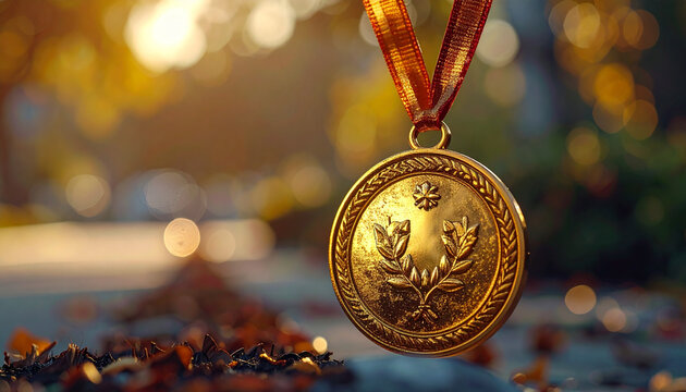 Close up of a golden medal with ribbon for achievements and success
