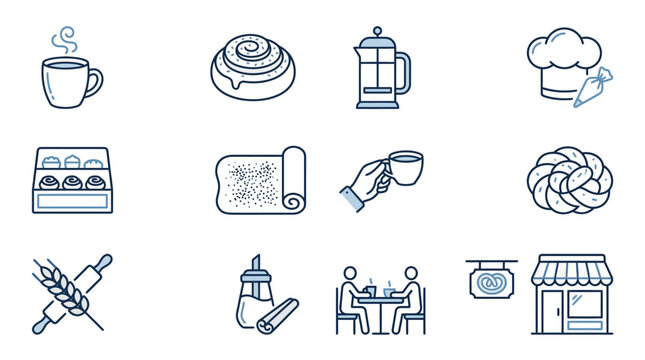 Coffee and Pastry Shop Icons with Culinary Elements