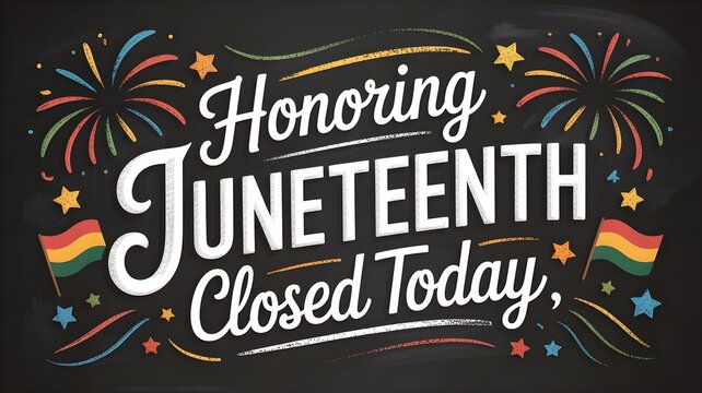 Juneteenth holiday sign, chalkboard style illustration with fireworks, flags, and decorative elements for celebrating freedom and emancipation day