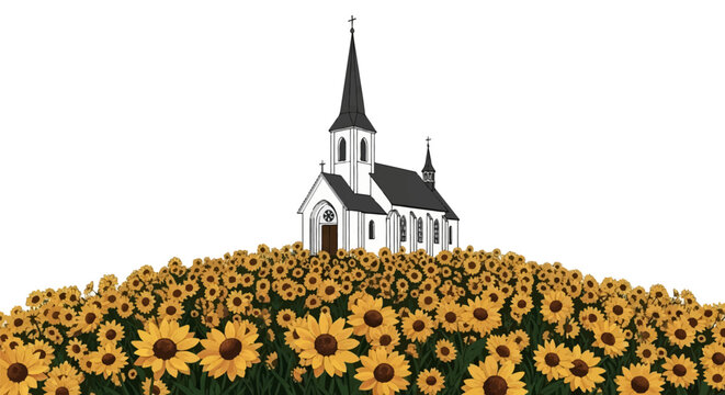 Vector illustration of a white church with a tall steeple and dark roof situated on a hill overflowing with yellow sunflowers, set against a plain white background for isolation.