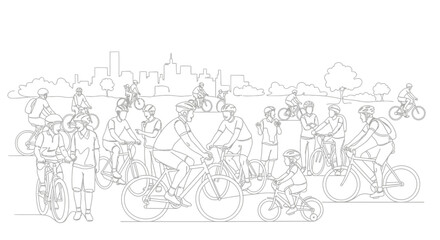 Obraz premium Diverse Group Cycling in Urban Park with City Skyline Sketch