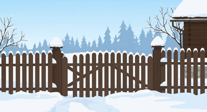 Horizontal vector illustration of a traditional wooden fence and gate in winter, featuring snow caps on posts, a log house corner, and a snowy pine forest under a clear blue sky.