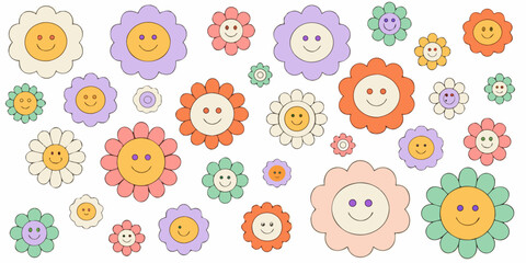 Fototapeta premium Floral ornaments with smiling faces colorful vector illustration on white background