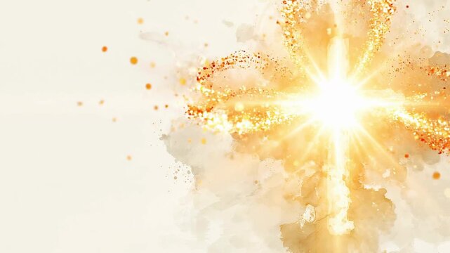 Glowing cross with a watercolor background and golden splatters, symbolizing faith and spirituality.	 light video
