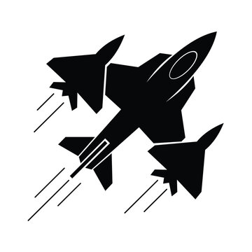 Military fighter jet flying with two wingman planes black silhouette icon on white background