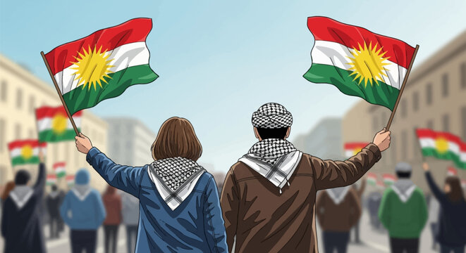 Illustration of a man and woman seen from behind wearing keffiyeh scarves, holding up Kurdish flags with the yellow sun emblem during a public street rally with a crowd background.