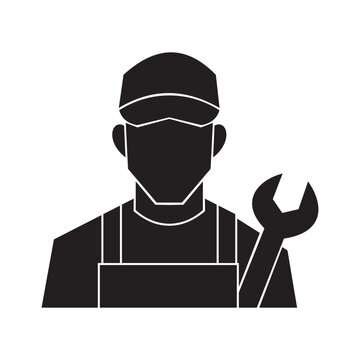 Handyman mechanic holding wrench tool worker black vector silhouette icon on white