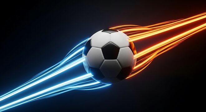 Dynamic Soccer Ball Flying with Glowing Blue and Orange Light Trails on Dark Background