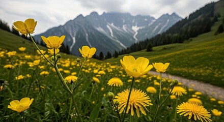 Fototapeta premium Yellow flowers blooming in alpine meadow with snowy mountains