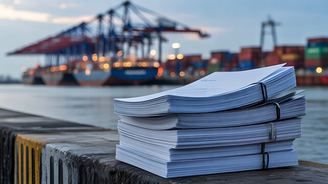 Shipping documents at cargo port representing global trade and logistics management
