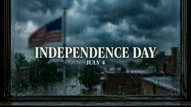 United States flag waving in stormy weather for Independence Day. Celebration of July 4 viewed through wet window glass with rain drops in moody dark environment.
