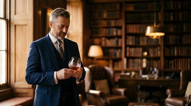 Mature man in a suit holding a glass of cognac in a home library study