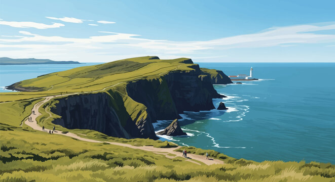 Flat vector illustration of the Howth Cliff Walk in Dublin, Ireland, featuring steep green coastal cliffs, a winding dirt hiking trail with people, a white lighthouse, and calm blue sea.