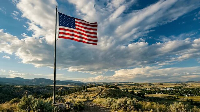 American flag waving over mountain landscape for Independence Day. Patriotic banner on pole during fourth of July. United state celebration of national freedom.